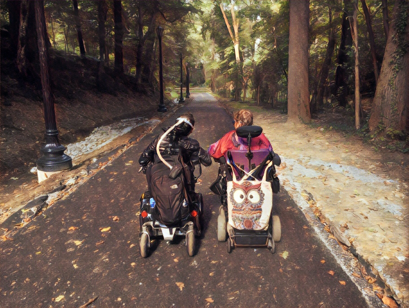 stylized painting of Victor Pineda and Judy Huemann speaking while rolling together on their electric wheelchairs in a wooded path lined with trees.